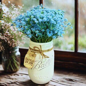 Boy Baby Shower Blue Billy Buttons Floral Arrangement in Mason Jar